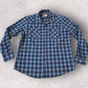 Wrangler Western Shirt Men Size XL Blue Plaid Flannel Metal Buttons Rodeo Cowboy